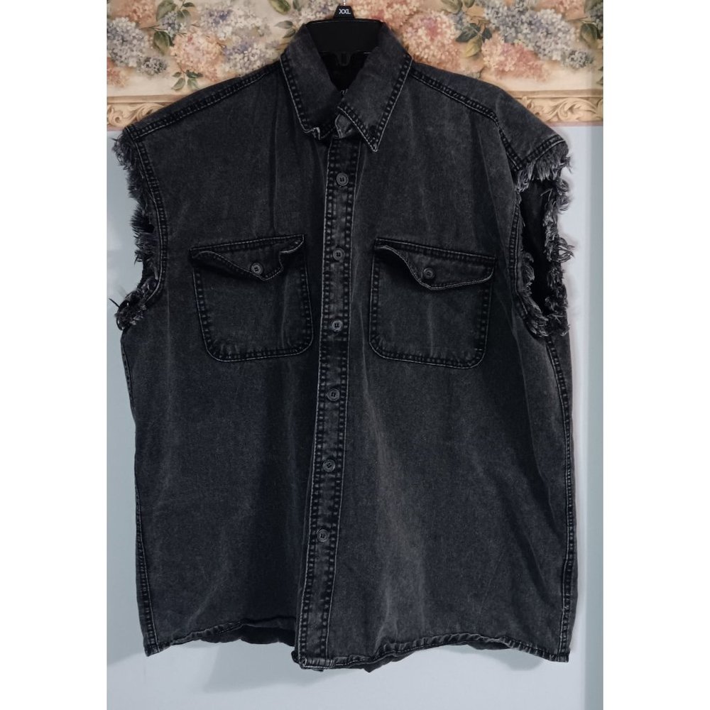 Leather Supreme 2XL Denim Cutoff Charcoal Acid Wash Veteran Biker Button Shirt